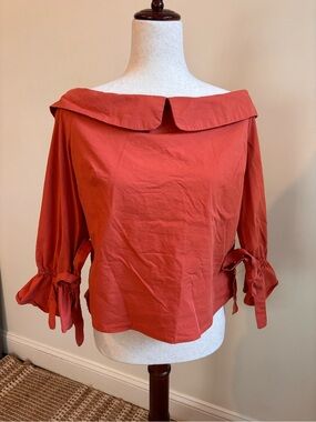 New York & Company Off Shoulder Top Medium Orange Tie Sleeve Ruffle Blouse